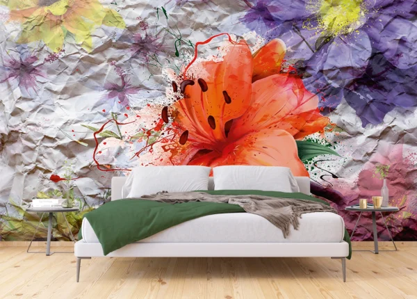 Wall Mural Flowers on Crumpled Paper, 375 x 270 cm, FTNXXL 1223